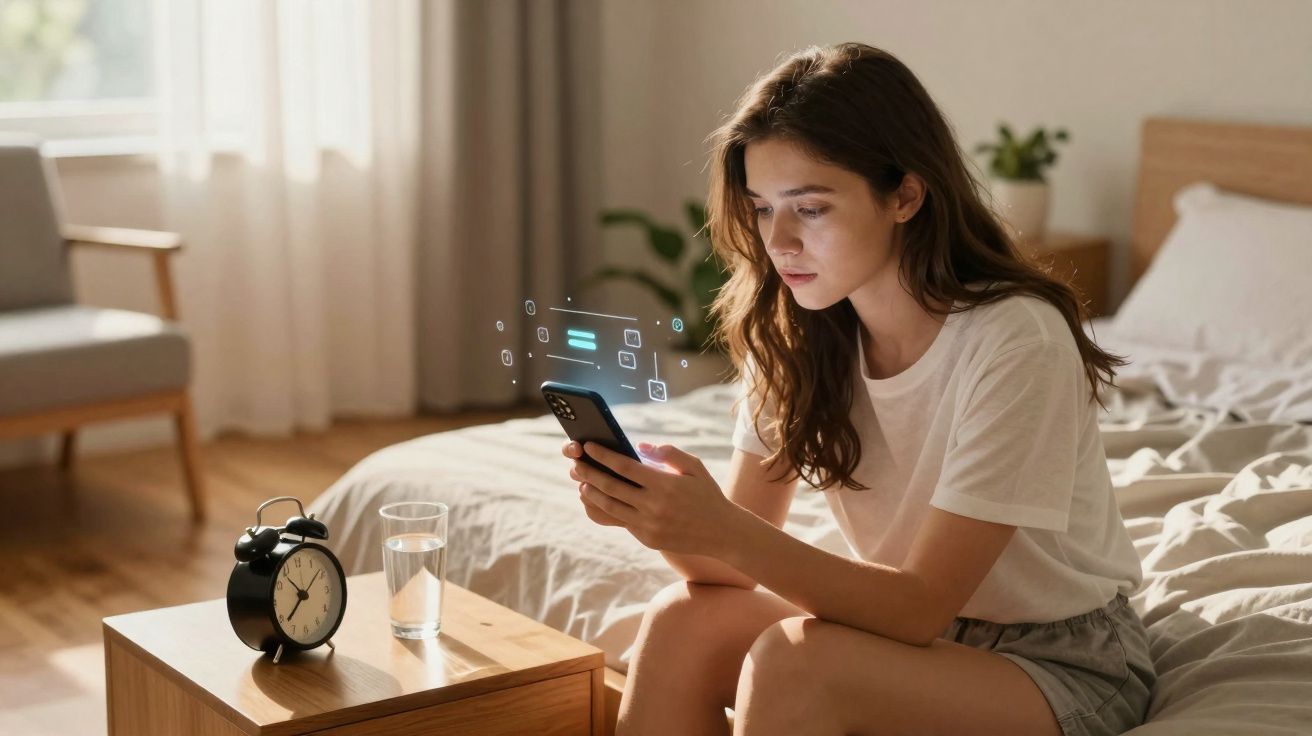 Jovem mulher sentada na cama a usar telemóvel com ícones digitais flutuantes num quarto iluminado pela manhã.