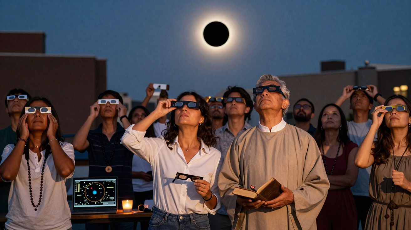 Grupo de pessoas a observar eclipse solar com óculos de proteção num ambiente noturno urbano.