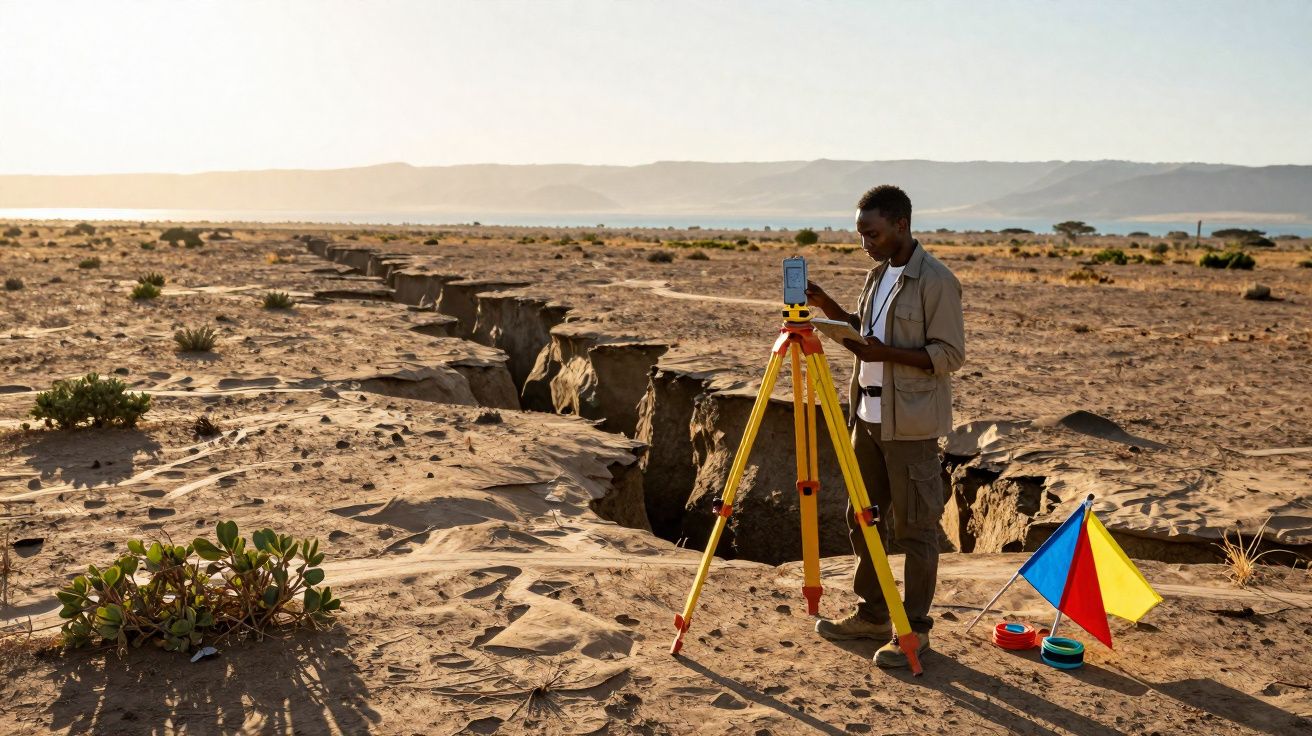 Homem a utilizar equipamento topográfico ao lado de uma rutura sísmica num terreno árido ao pôr do sol.