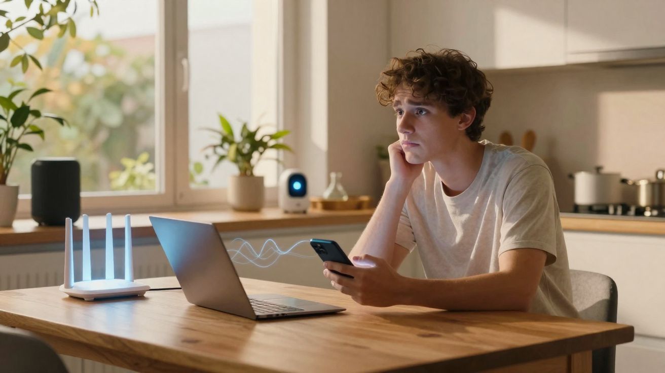 Jovem preocupado sentado à mesa com portátil e telemóvel, esperando ligação Wi-Fi num ambiente doméstico.