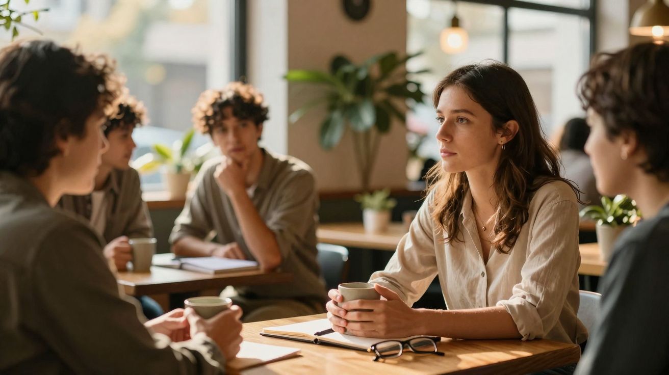 Grupo de jovens sentados numa mesa de café, conversando e bebendo chá ou café.