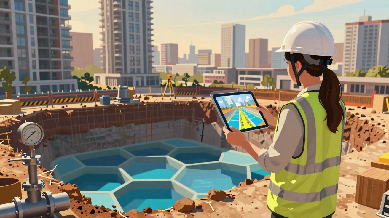 Engenheira com capacete e colete a consultar projeto num tablet numa obra urbana com piscina hexagonal.