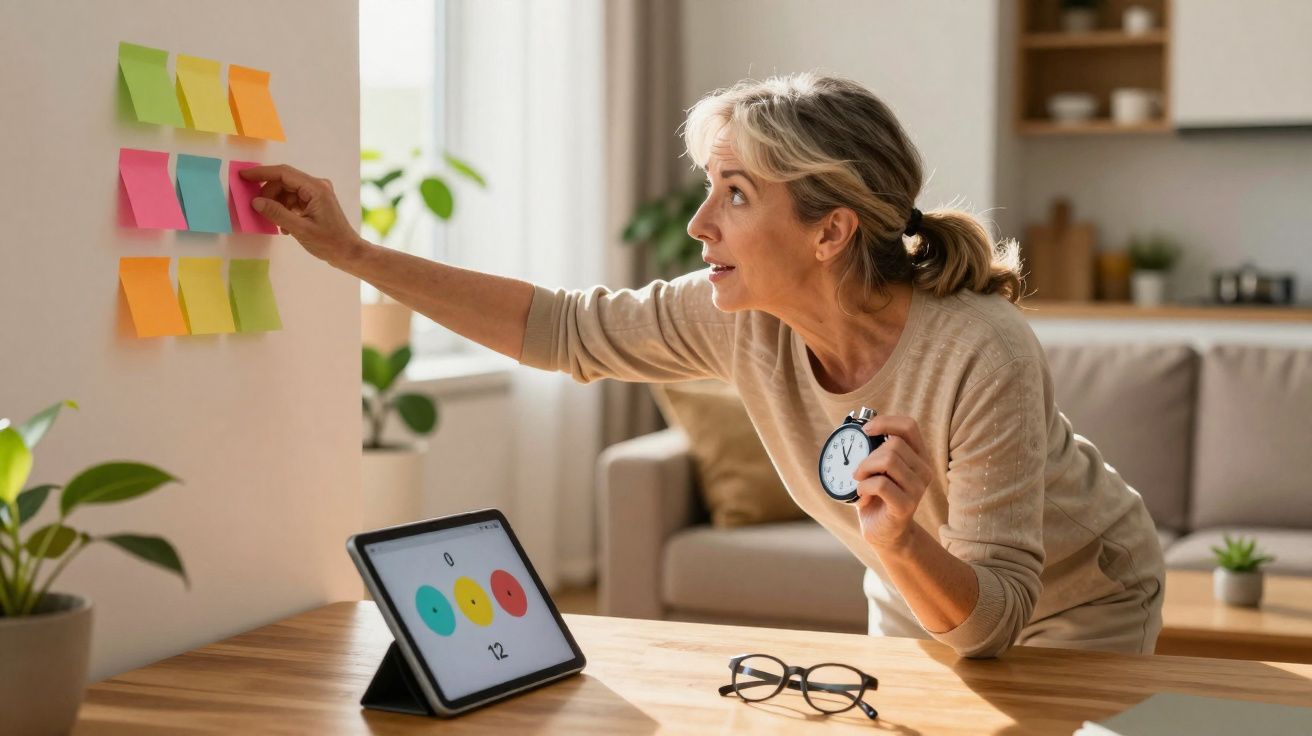 Mulher madura a organizar notas autocolantes na parede com um cronómetro na mão numa sala iluminada.