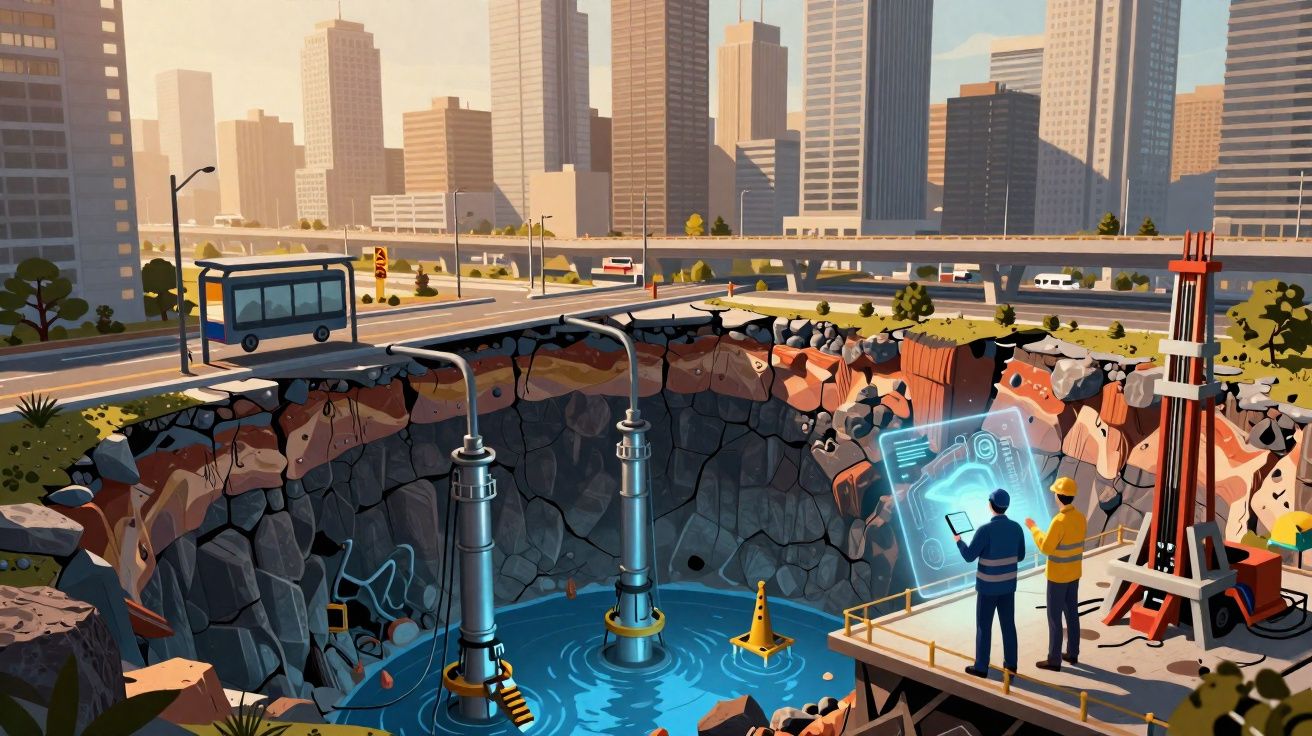 Obra subterrânea futurista numa cidade, com engenheiros a analisar dados holográficos junto a máquinas e água.