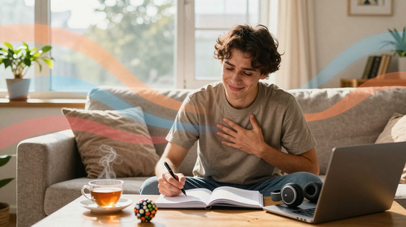 Jovem sentado no sofá a estudar, escrevendo num caderno com chá quente e portátil à frente.