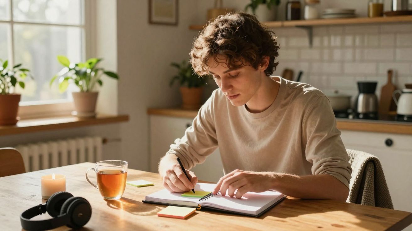 Jovem sentado à mesa a escrever num caderno, com chá e auscultadores ao lado, numa cozinha iluminada.