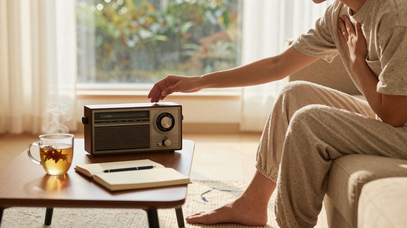 Pessoa sentada no sofá, ajustando rádio numa mesa com chá quente e caderno numa sala iluminada.