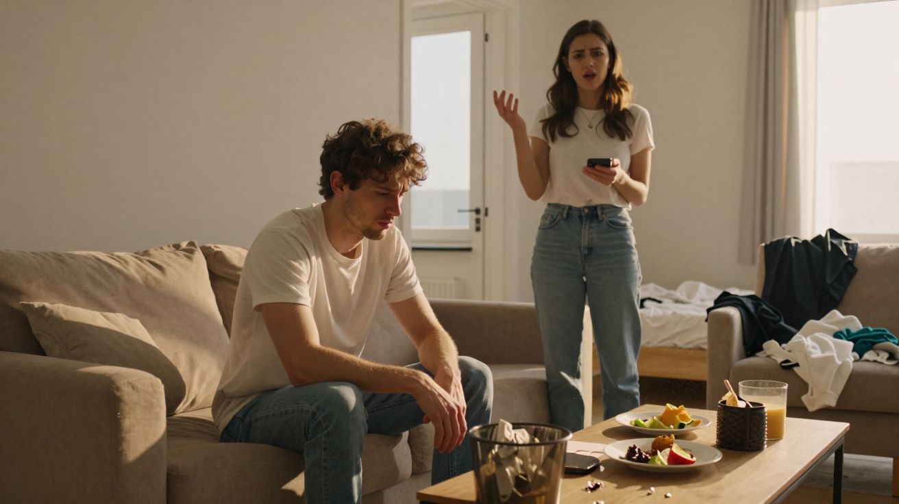 Casal em discussão na sala, homem sentado cabisbaixo e mulher de pé a falar com telemóvel na mão.