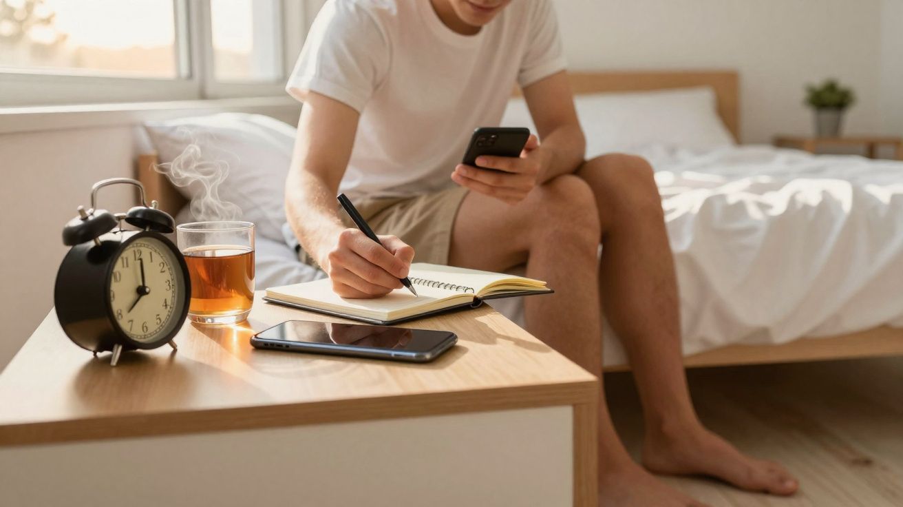 Homem sentado na cama escreve num caderno enquanto olha para o telemóvel, com relógio e chá na mesa ao lado.