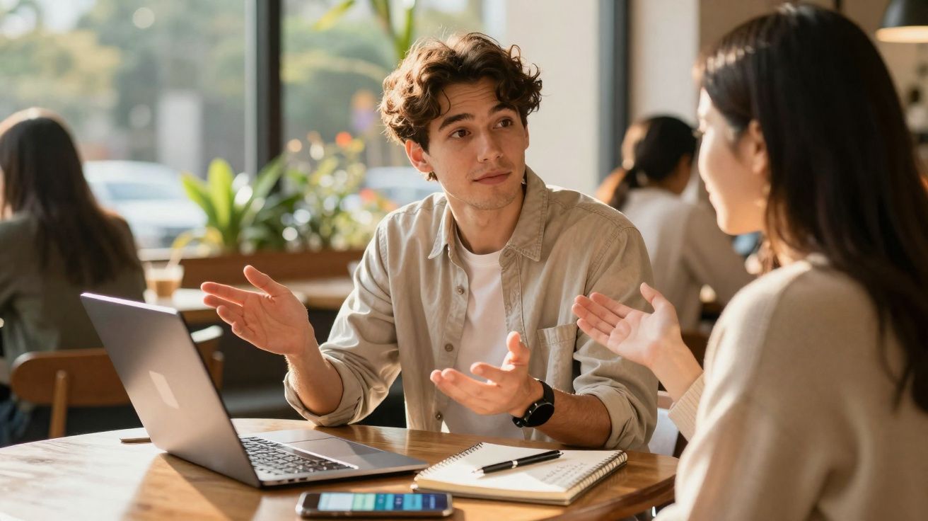 Dois jovens sentados numa mesa numa cafetaria a conversar, com portátil, caderno e telemóvel à sua frente.