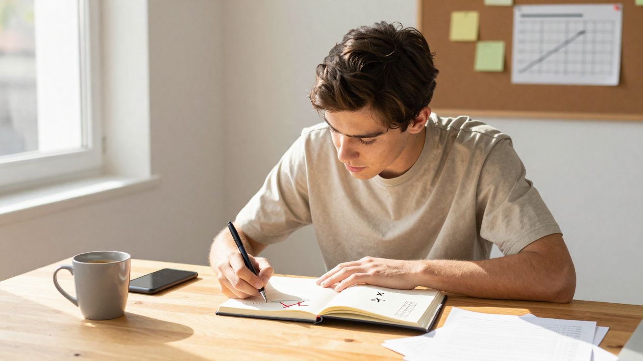 Jovem sentado a escrever num caderno à mesa com chávena e telemóvel ao lado numa sala iluminada.