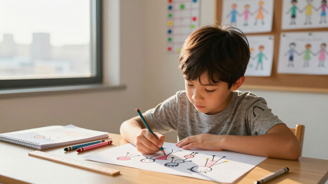 Criança desenha bonecos coloridos numa folha enquanto está sentada numa mesa junto a uma janela.