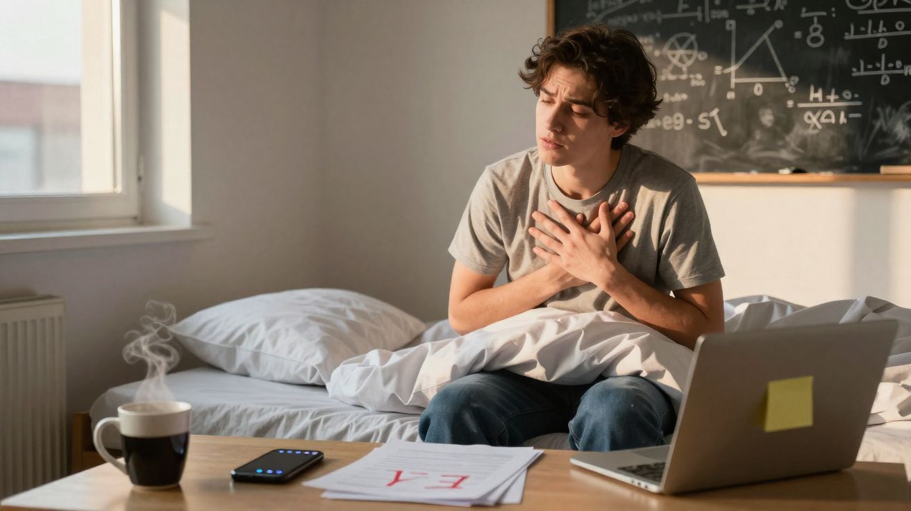 Jovem sentado na cama com expressão de dor no peito, à frente laptop, papéis e chá quente.