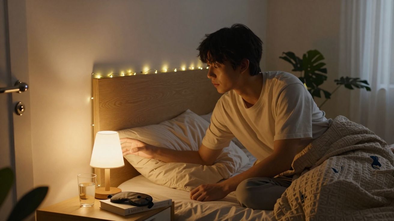 Homem num quarto acolhedor a desligar a luz de cabeceira antes de dormir.