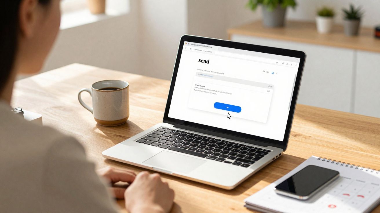 Pessoa a trabalhar num portátil numa secretária com uma caneca, telemóvel e agenda ao lado.