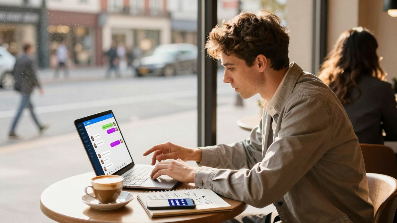 Jovem a trabalhar num computador portátil com mensagens abertas numa aplicação numa cafeteria, com chá e celular na mesa.