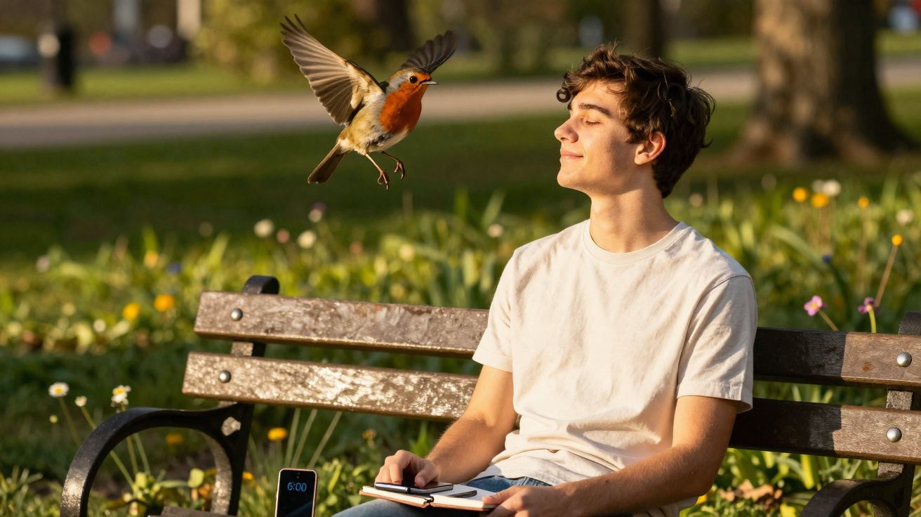 Jovem sentado num banco de jardim, olhos fechados, com um pássaro voando próximo do seu rosto.