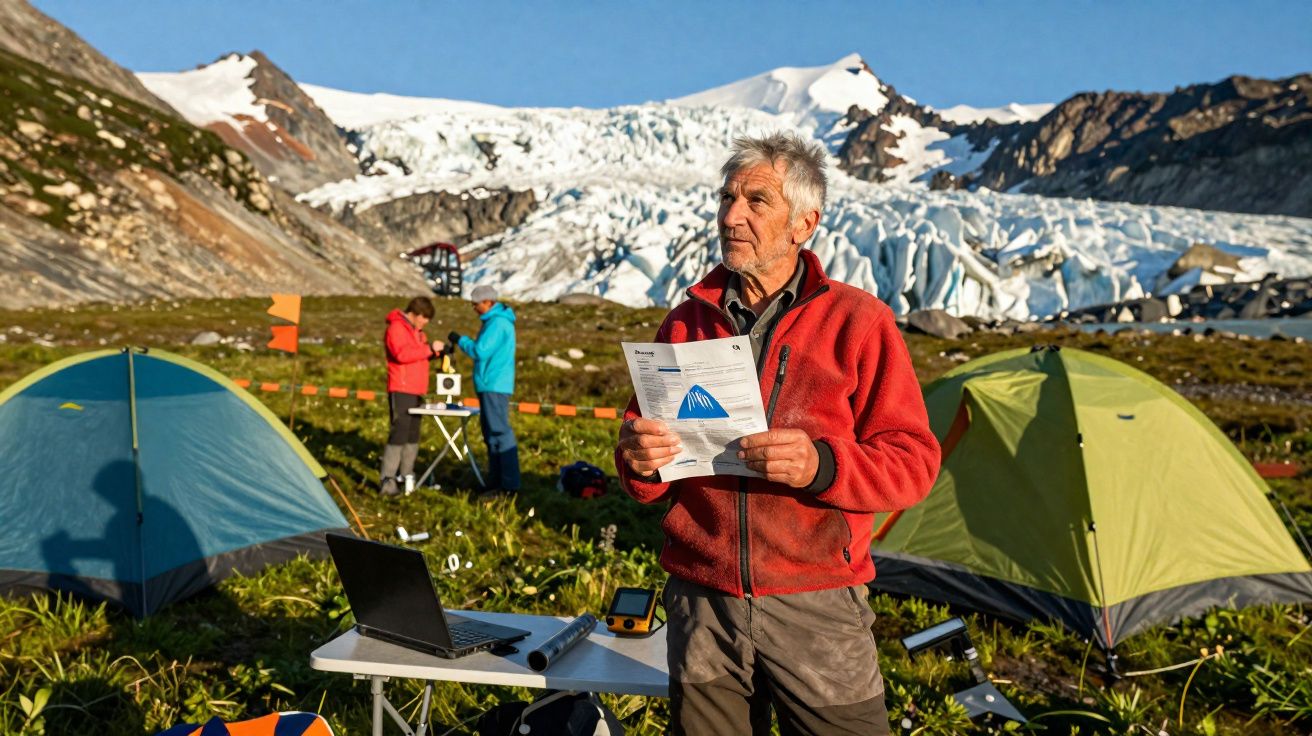 Homem com casaco vermelho lê documento em campo com tendas e geleira ao fundo, sob céu azul.