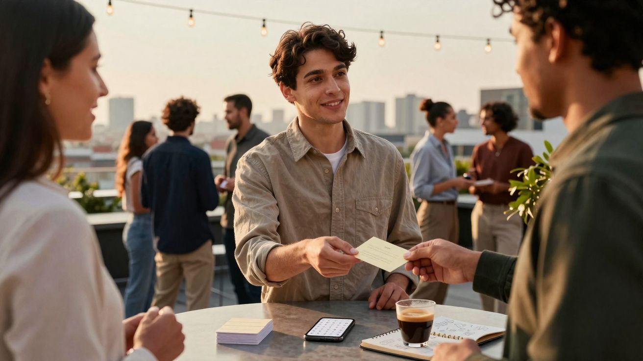 Jovem entrega cartão de visita numa reunião informal ao ar livre com outras pessoas ao redor.