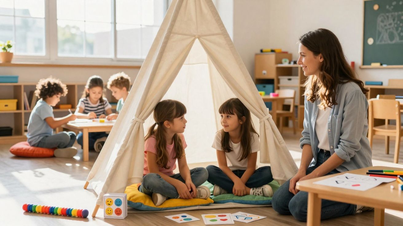 Crianças sentadas numa tenda de tecido a conversar, com uma professora sentada ao lado, numa sala de aula iluminada.