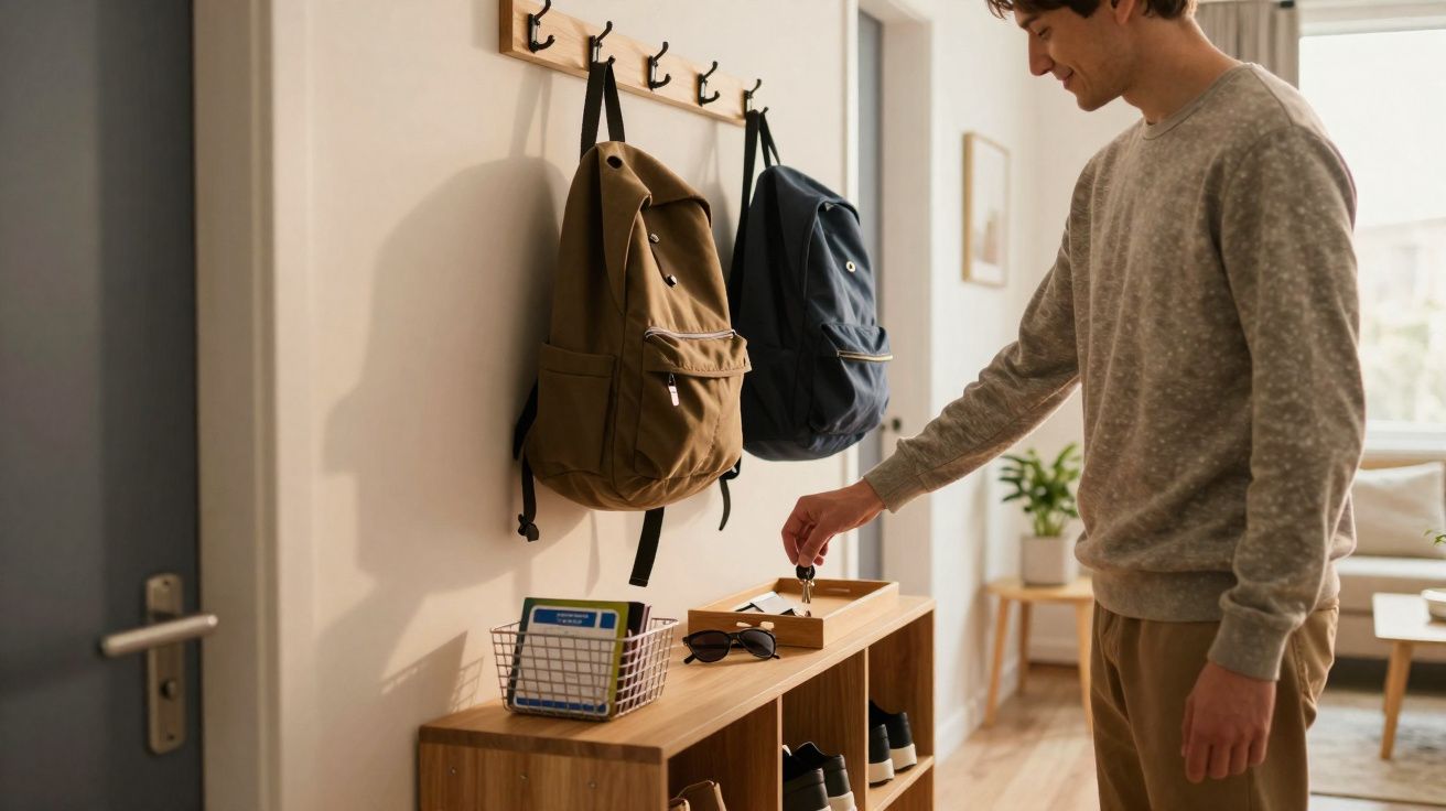 Homem a pendurar chaves numa entrada com mochilas e objetos organizados numa estante de madeira.