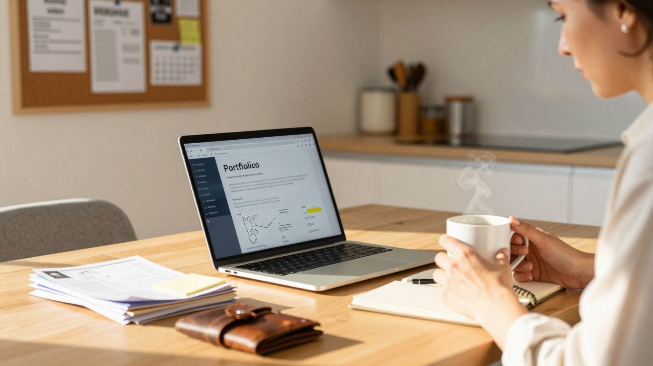 Pessoa a segurar caneca com vapor junto a computador portátil aberto numa mesa com documentos e carteira.