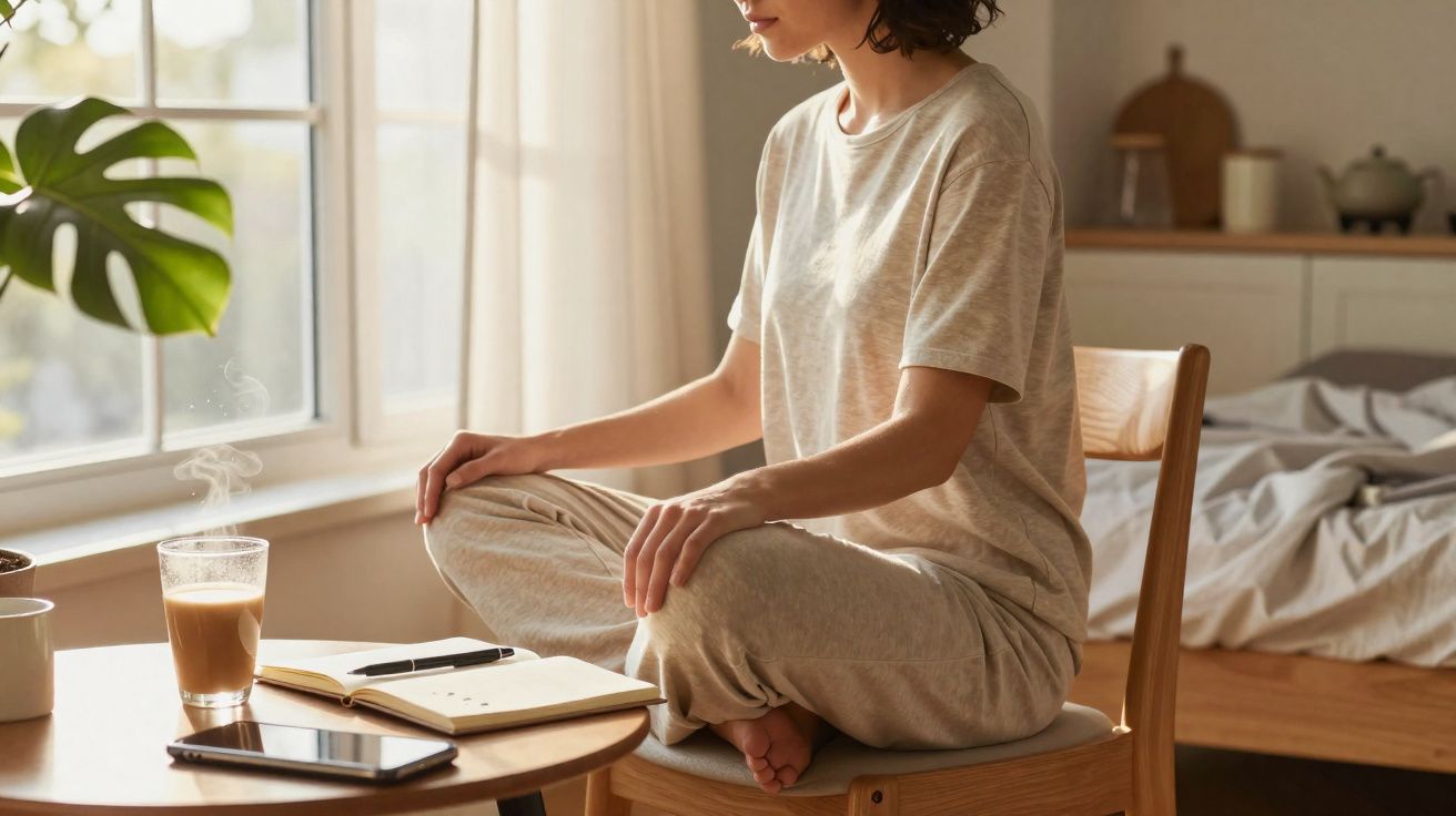 Pessoa sentada em cadeira a meditar num quarto iluminado com mesa, caderno, café e telemóvel à frente.