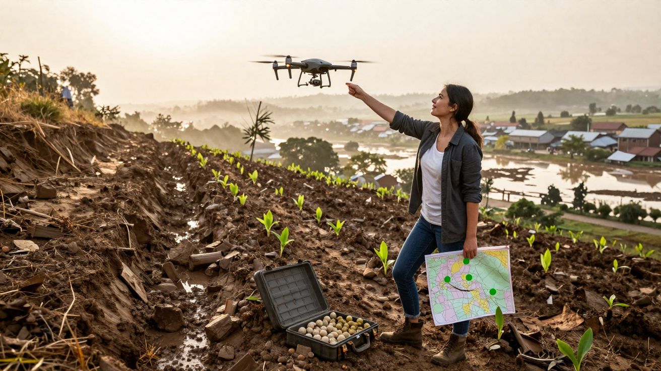 Mulher lança drone em campo agrícola com muda, segurando mapa, numa paisagem rural ao pôr do sol.