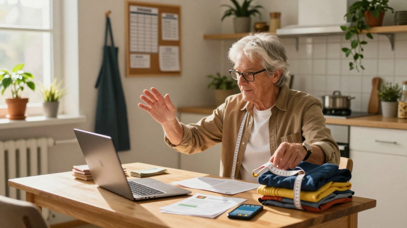 Idoso sentado à mesa da cozinha, a fazer videoconferência e a medir roupa com fita métrica.