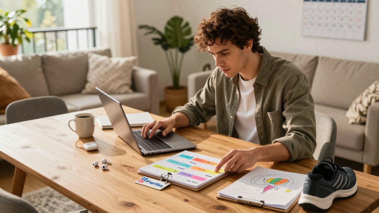 Homem jovem sentado à mesa com computador portátil e plano semanal colorido à sua frente, em casa.