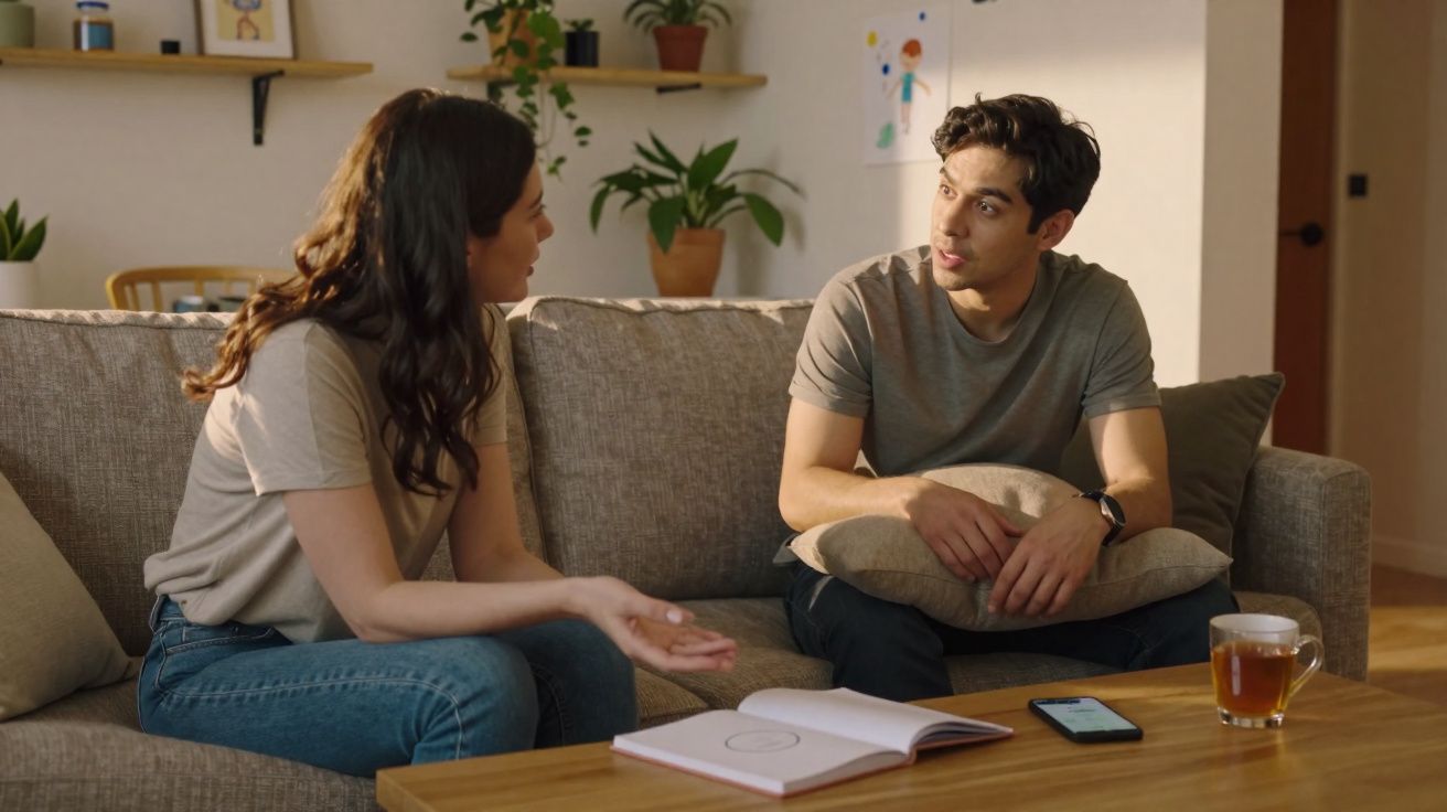 Duas pessoas sentadas no sofá a conversar numa sala com luz natural, livro e chá na mesa de centro.