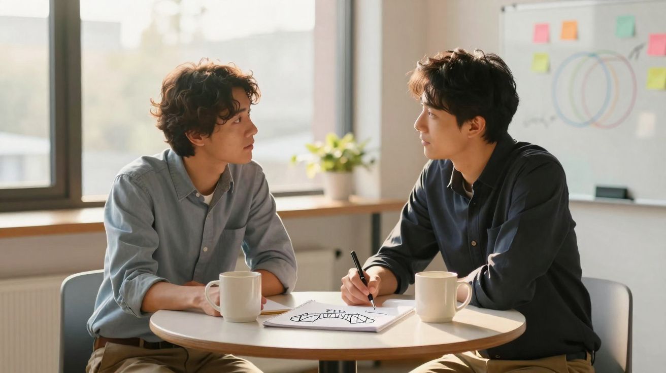 Duas pessoas sentadas à mesa a discutir um projeto com canecas e caderno num escritório iluminado.