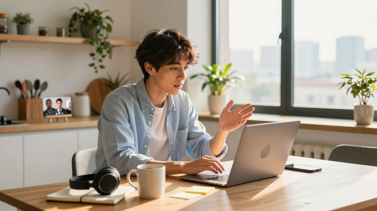 Jovem sentado à mesa de madeira em videoconferência num laptop, com auscultadores e caneca ao lado.