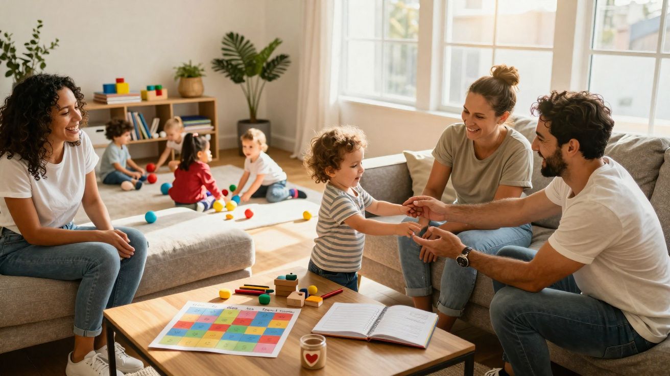 Crianças a brincar e adultos a interagir numa sala iluminada com janelas grandes e móveis modernos.