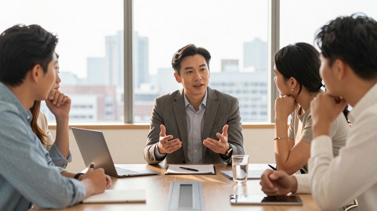 Reunião de trabalho em escritório, com homem a apresentar ideias para equipa focada à volta da mesa.