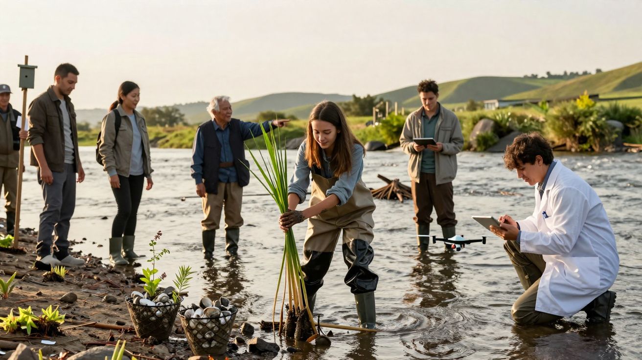 Grupo diversificado a plantar vegetação aquática num rio, enquanto um cientista regista dados numa prancheta.