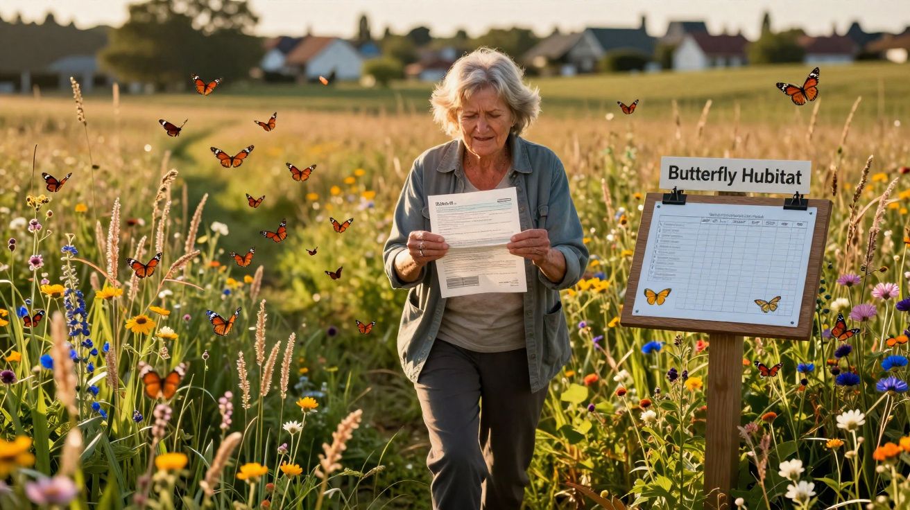 Mulher idosa a ler folhas num campo florido com várias borboletas e um quadro com dados sobre borboletas.