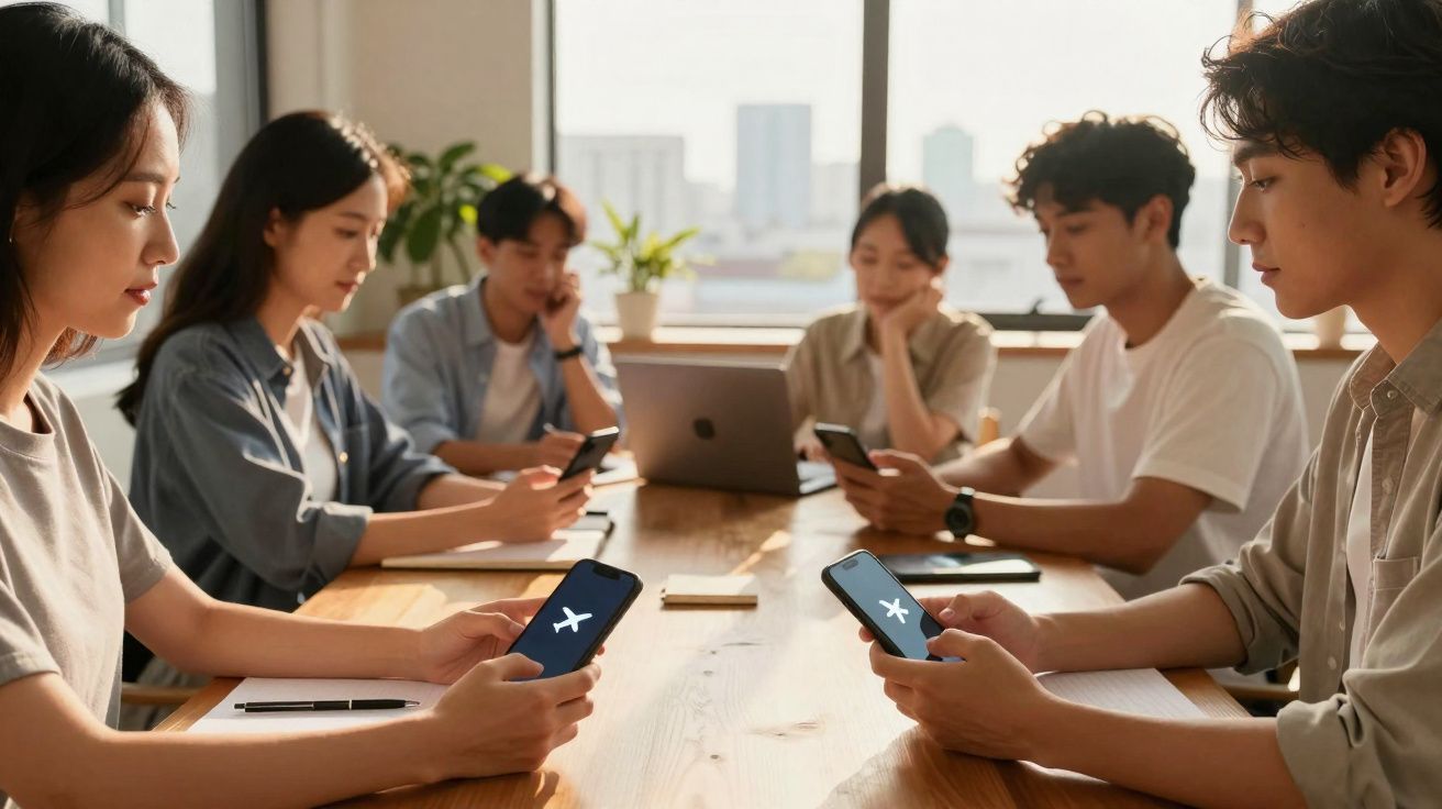 Grupo de jovens sentados à mesa com telemóveis na mão, concentrados e numa sala luminosa com vista urbana.