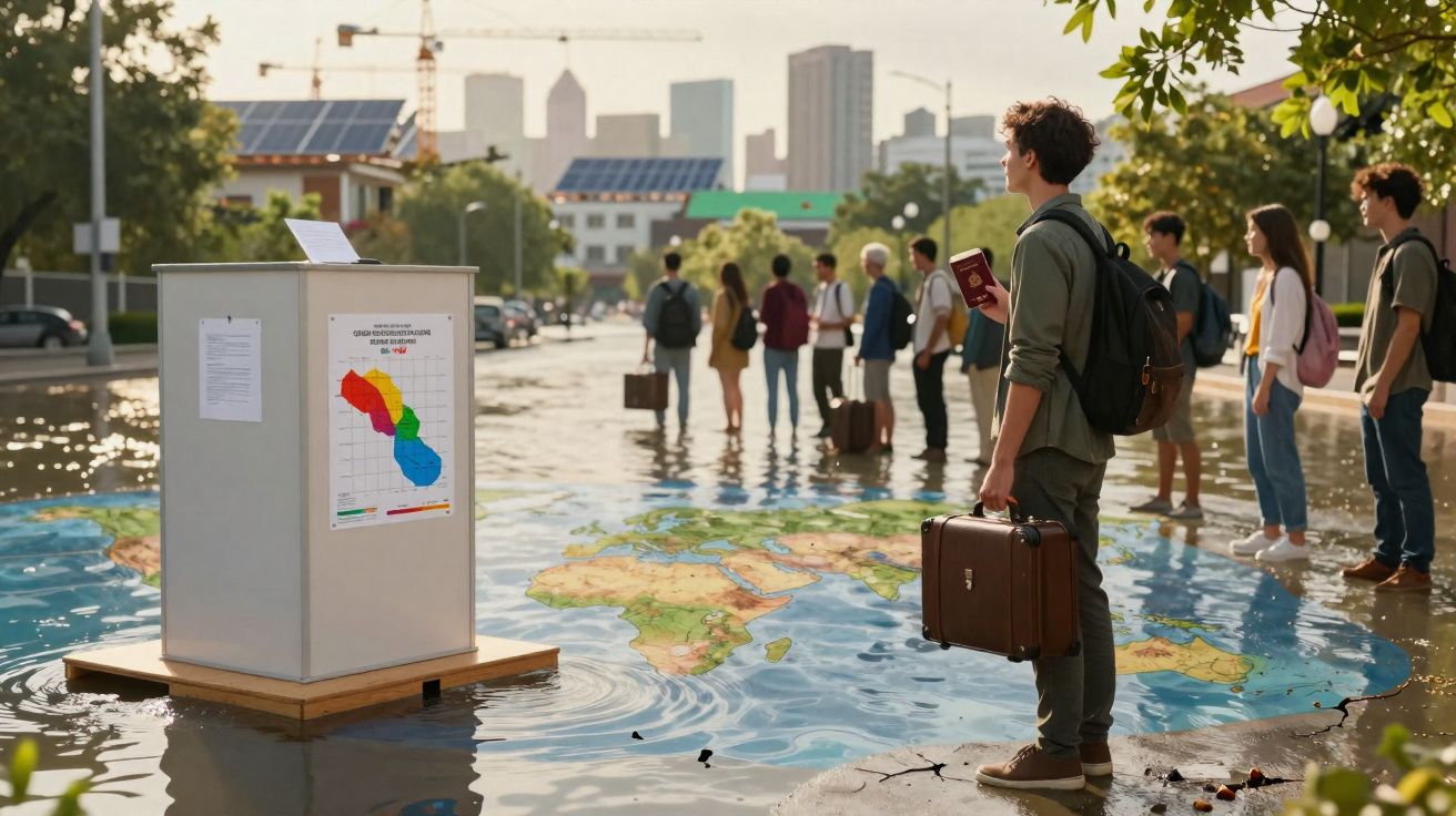 Jovens com malas e mochilas em zona alagada com mapa mundial no chão e edifícios ao fundo.