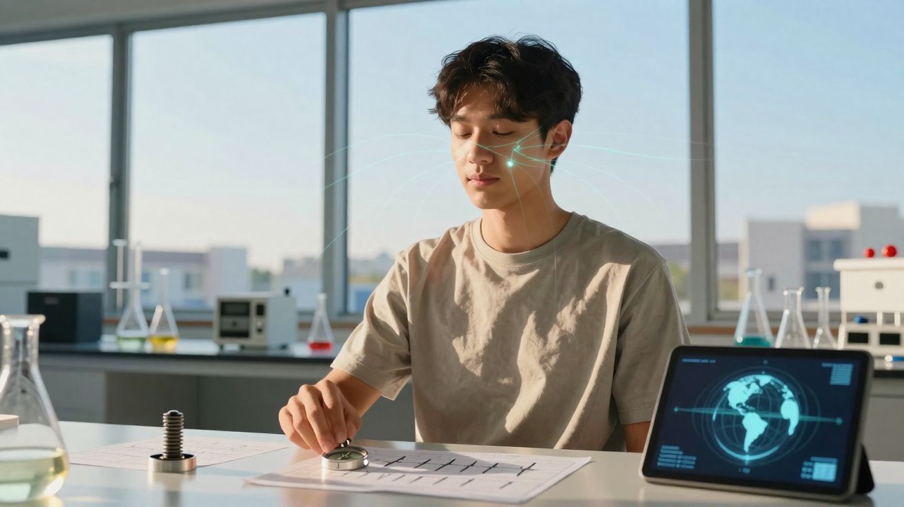 Jovem a meditar com olhos fechados numa mesa com gráficos e tablet a mostrar globo terrestre digital.