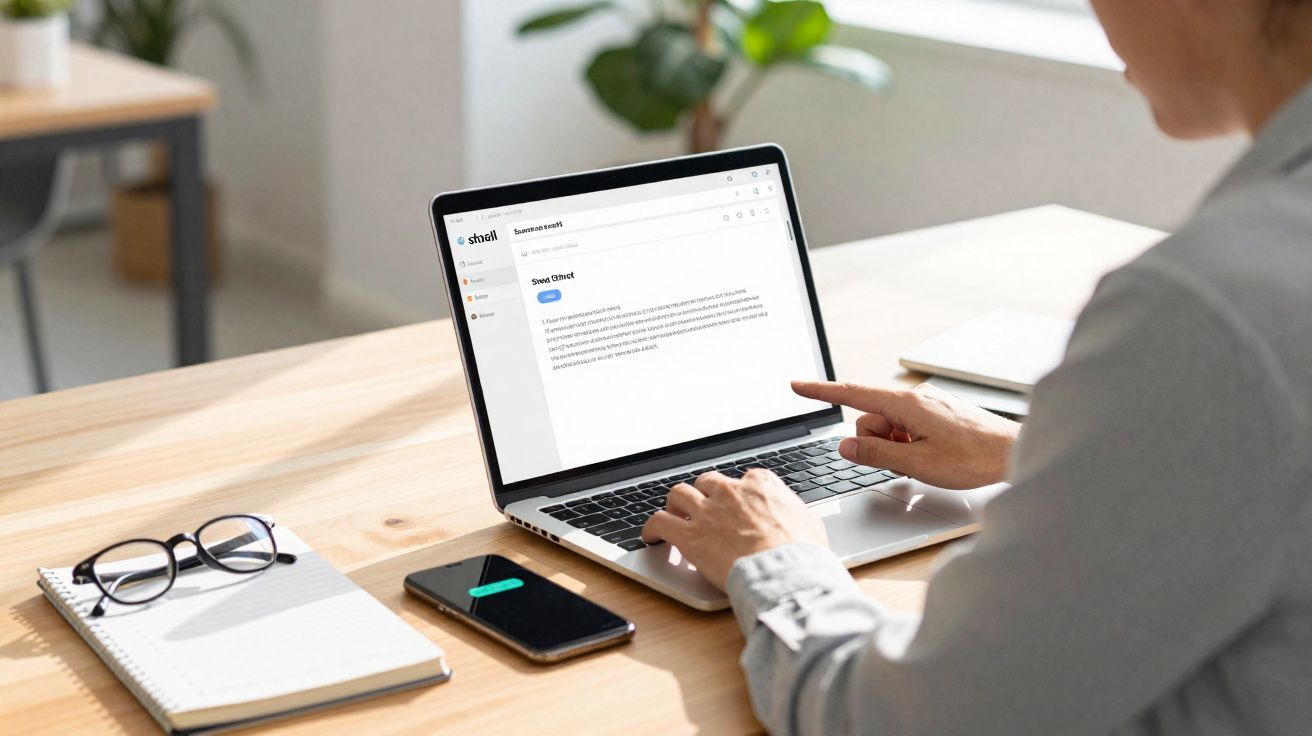 Pessoa a apontar para o ecrã de um laptop numa secretária com caderno, óculos e telemóvel.