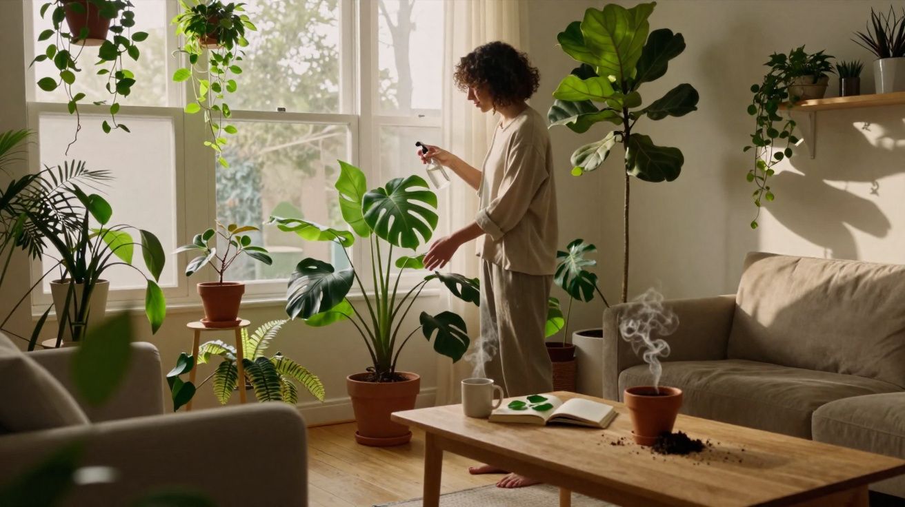 Pessoa a cuidar de plantas em sala de estar com várias plantas e sofá bege iluminada por luz natural.