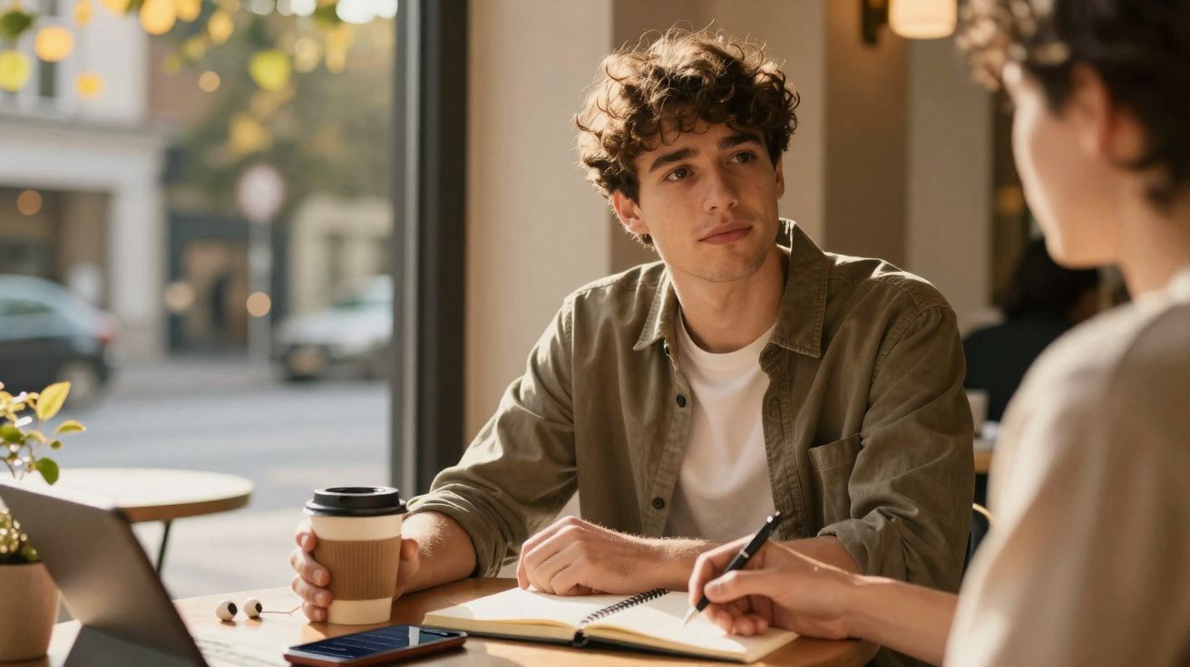 Jovem sentado à mesa com café, a escrever num caderno, numa conversa num café iluminado pela luz natural.