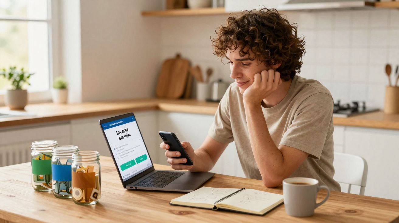 Jovem sentado numa cozinha a usar telemóvel e portátil com cadernos, canecas e frascos coloridos na mesa.