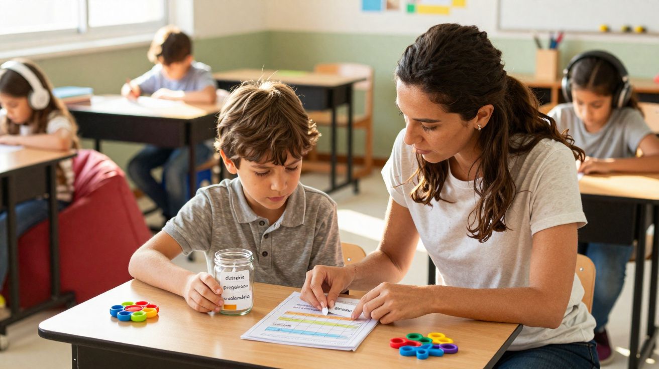 Professora ajuda aluno com jogo educativo em sala de aula com outras crianças a estudarem.