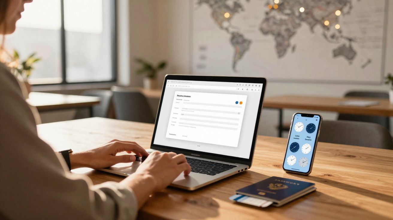 Pessoa a usar computador portátil numa mesa com telemóvel e passaporte, com mapa-múndi desfocado ao fundo.