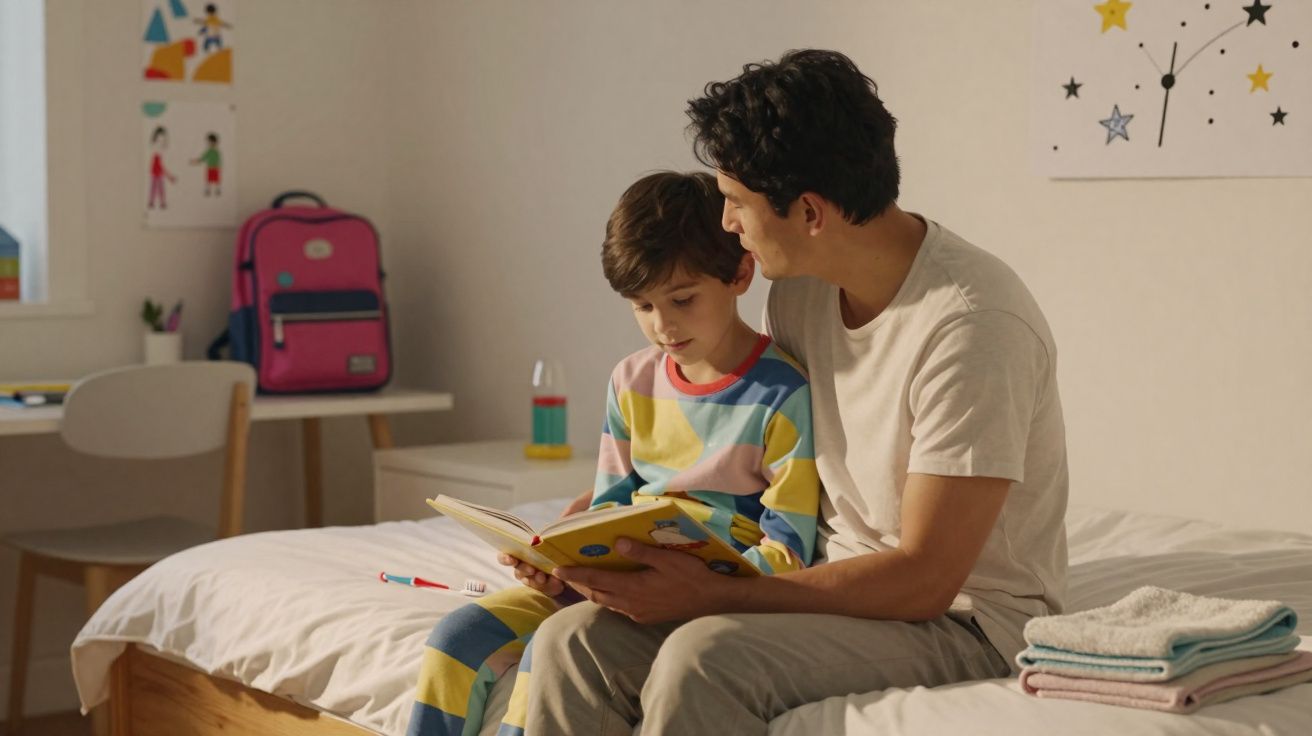 Pai e filho sentados na cama do quarto infantil, lendo juntos um livro infantil colorido à noite.