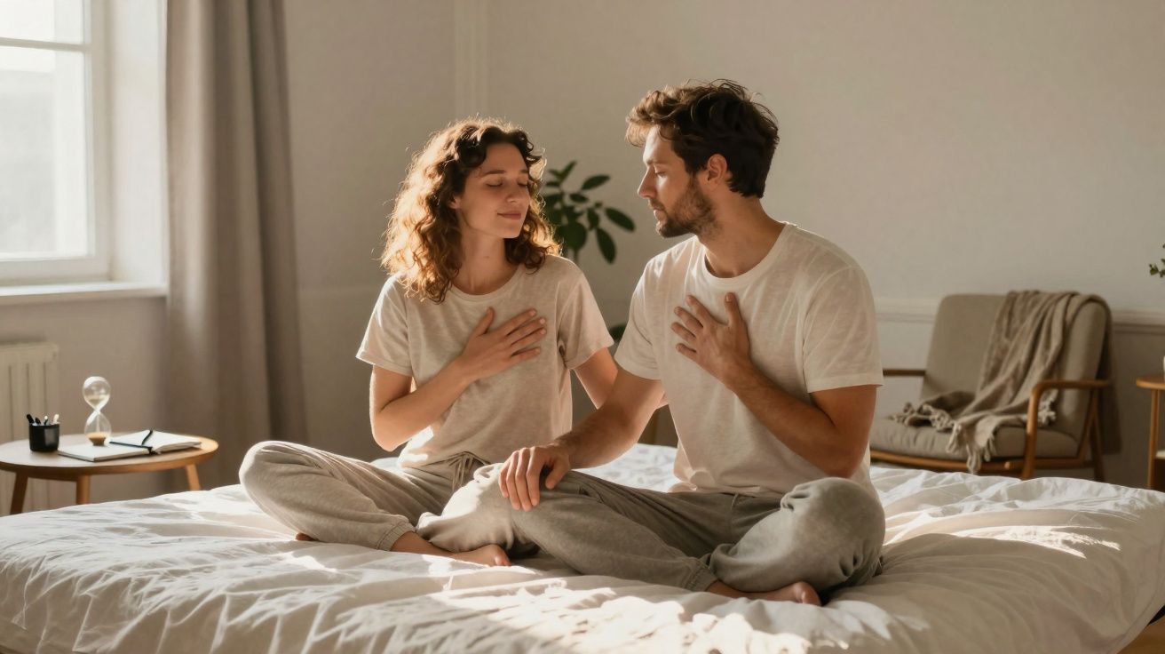Casal sentado na cama com mãos no peito, praticando meditação ou mindfulness num quarto iluminado.