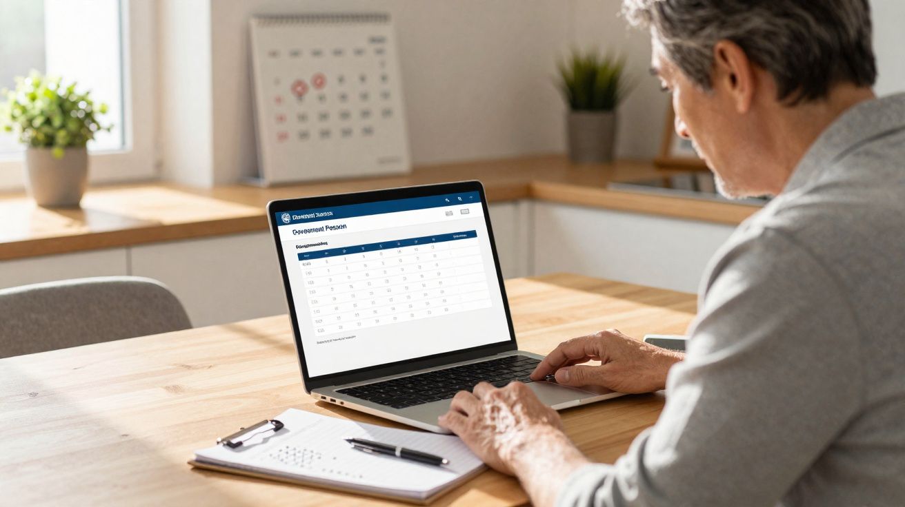 Homem idoso a usar computador portátil numa mesa de cozinha, consultando uma tabela numa aplicação.