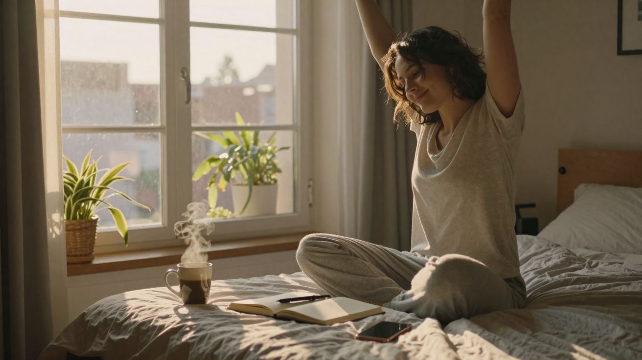 Mulher a esticar-se sentada na cama ao lado de chá e caderno, em quarto iluminado pelo sol da manhã.